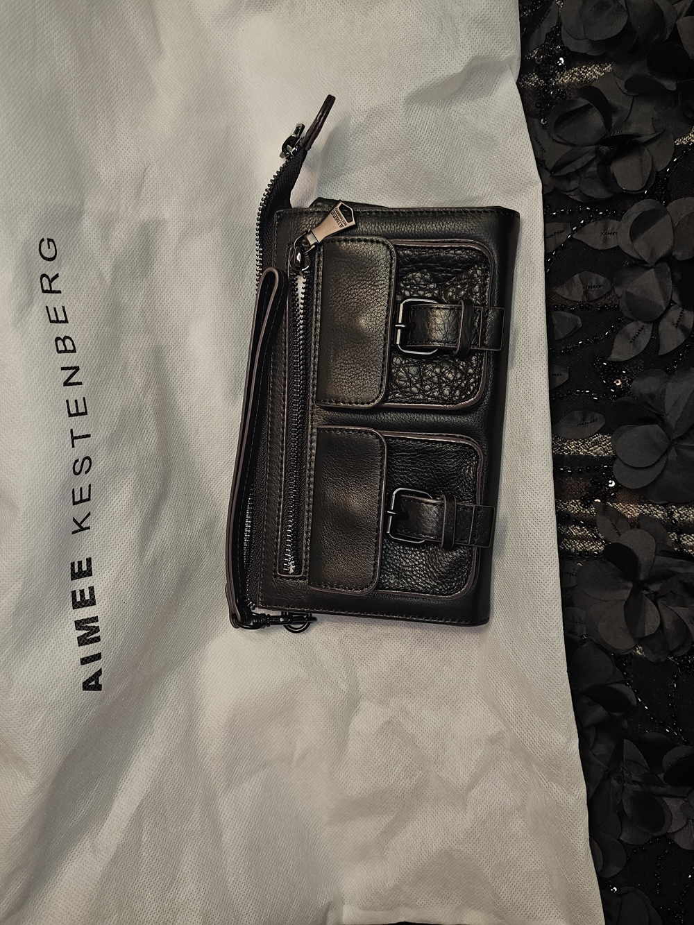 Aimee Kestenberg Black Leather Dual-Pocket Wristlet Clutch
